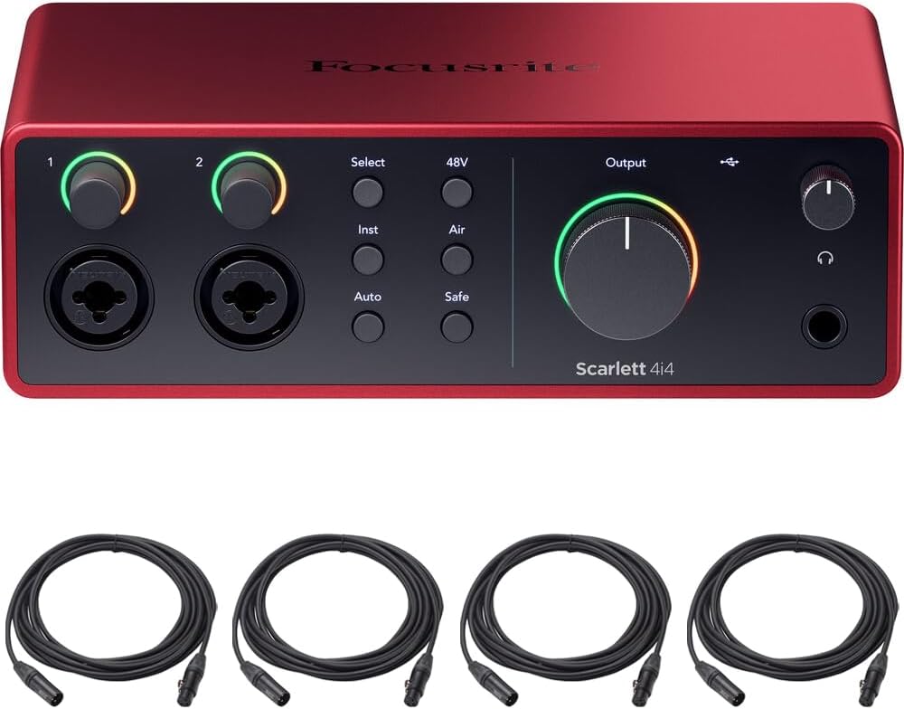 Focusrite Scarlett 4i4 4th Gen Audio Interface AMS-SCARLETT-4I4-4G Bundle with 4x OnStage MC-20 Production-Grade 20ft XLR to XLR Microphone Cable