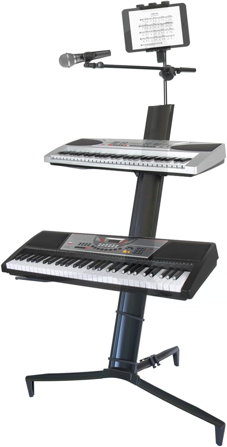 Portable Keyboard Stand - 2-Tier Column for 61/76/88 Key Keyboards - DJ Controller, Mixer, Synthesizer - Aluminum with Carrying Bag