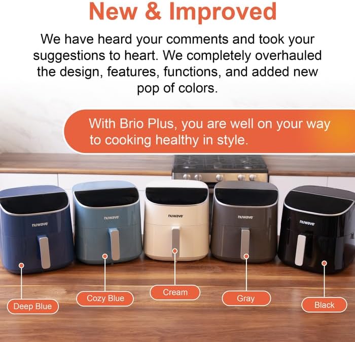 Nuwave 8QT Brio Air Fryer Plus Cool Gray, Digital LED Touch Screen with Cool White Display, 50°F~400°F in Precise 5°, 3 Wattage Alternatives, 5 Cook Functions, 50 Memory, PFAS Free, New & Improved
