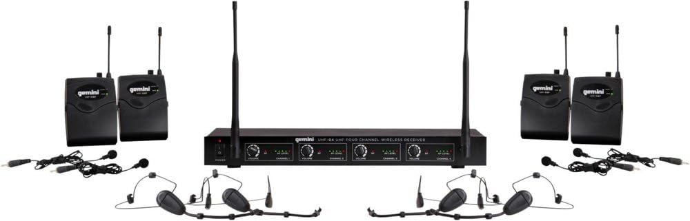 Gemini Sound UHF-04HL Professional Audio DJ Equipment Superior Single Channel Quad 4 Wireless UHF Headset Lavalier Microphones Receiver System with 150ft Operating Range