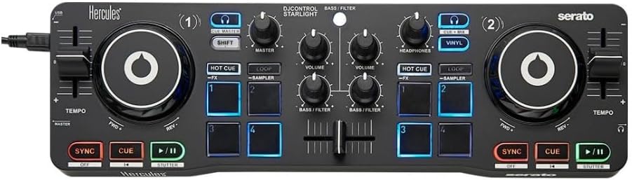 Hercules DJControl Starlight | Pocket USB DJ Controller with Serato DJ Lite, Touch-Sensitive Jog Wheels, Built-in Sound Card and Built-in Light Show