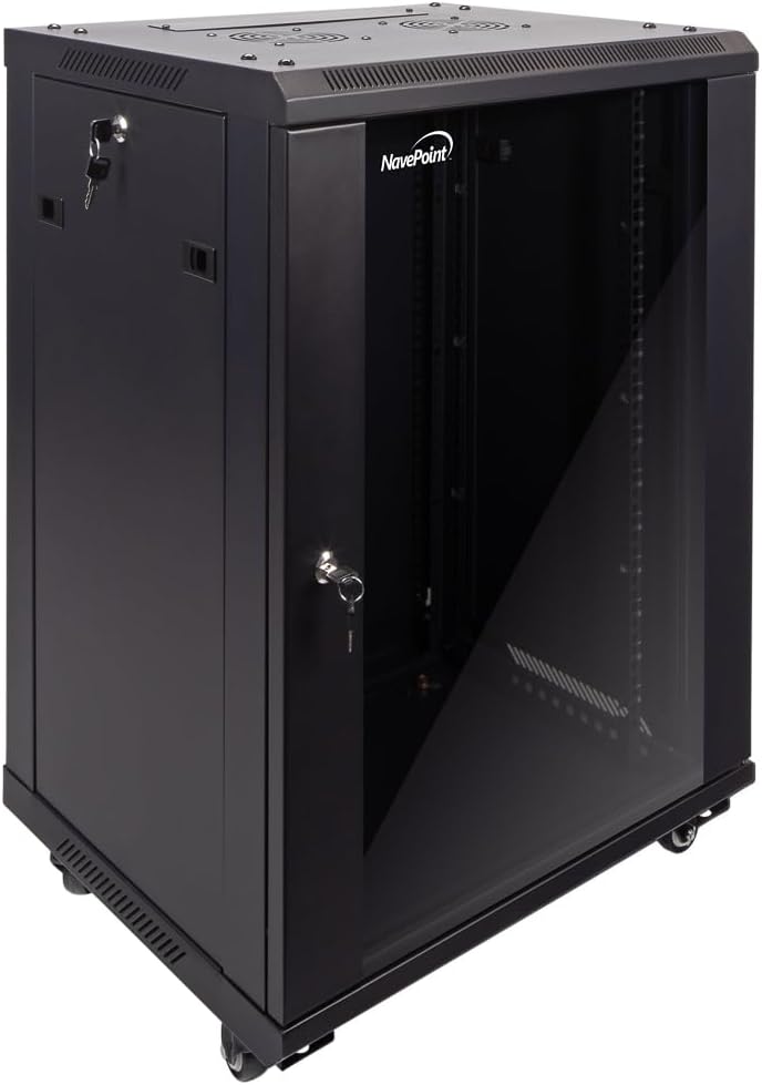 NavePoint 15U Server Cabinet Wall Mount Rack Enclosure with Caster Wheels, Includes 2 Fans, Locking Glass Door, Removable Side Panels – 15U Network Cabinet 17.7' Deep, 19'Server Rack for IT Equipment