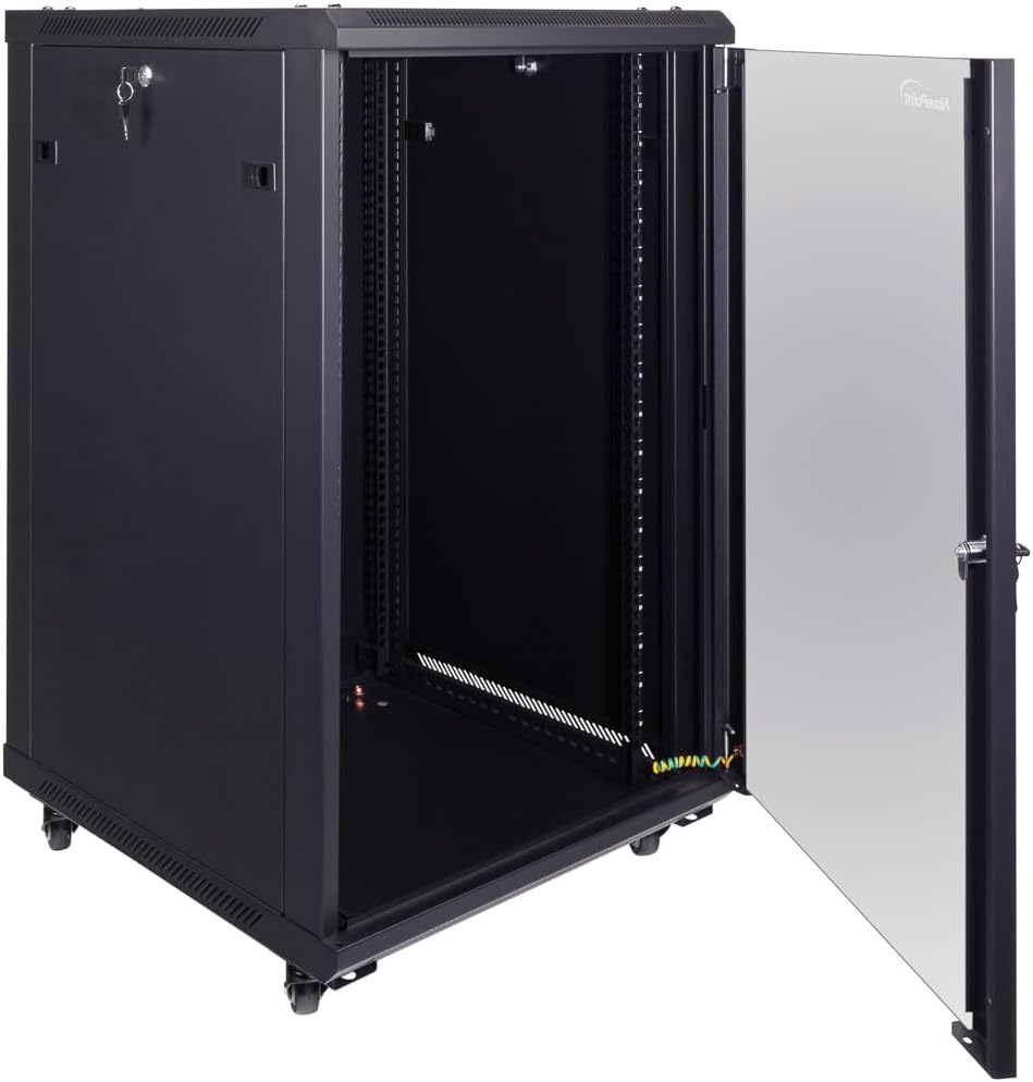 NavePoint 18U Server Cabinet Wall Mount Rack Enclosure with Caster Wheels, 2 Fans, Locking Glass Door, Removable Side Panels – 18U Network Cabinet 23.6' Deep, 19' Server Rack for IT Equipment