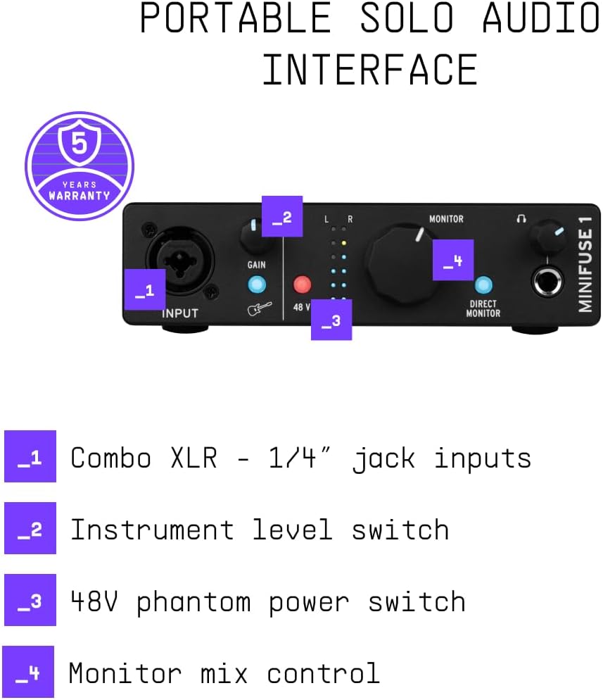 Arturia MiniFuse 1 - Compact USB Audio Interface with Creative Software for Recording, Production, Podcasting, Guitar - Black