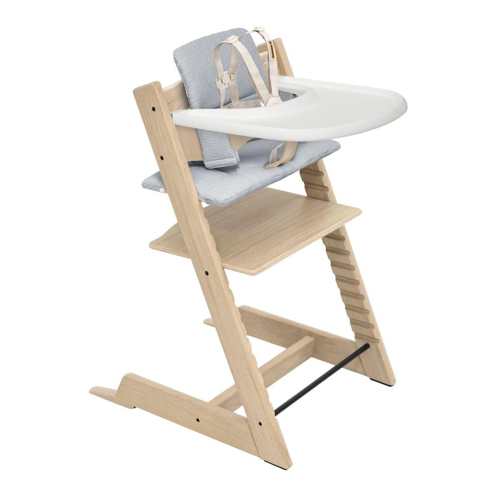 Stokke Tripp Trapp Oak High Chair 2 (Natural), Cushion 2 (Nordic Blue) + Stokke Tray (White) - Includes Chair + Baby Set with Removable Harness for Children 6-36 Months