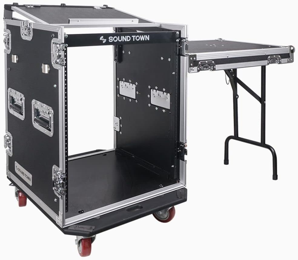 Sound Town Heavy-Duty 1/2' (12mm) Plywood 14U PA DJ Rack/Road ATA Case with 11U Slant Mixer Top, 20'' Rackable Depth, DJ Work Table and Casters, 14 Space Size, Pro Tour Grade (STMR-14UWT)