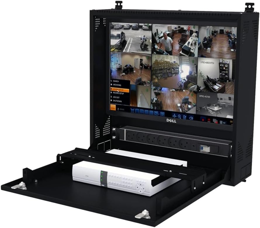 Wall-Mount DVR/NVR Security Enclosure, Lockable Steel Cabinet with 1U Adjustable Rail, Ventilated, 22″ W × 21.2″ H × 5.9″ D, Black (RAL 9005) – STURDX