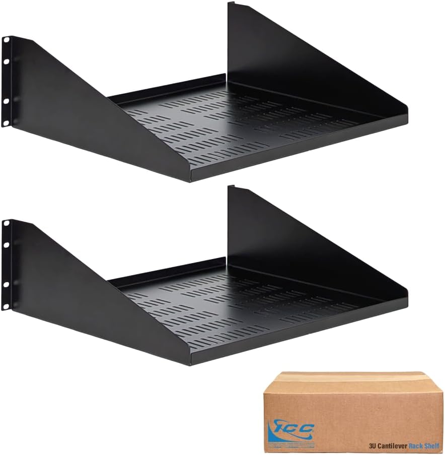 ICC 3U Cantilever Rack Shelf, Heavy-Duty Ventilated Steel Tray for 19' Network Equipment Racks, 15' Deep, 50 lbs Capacity, 2-Pack, Black