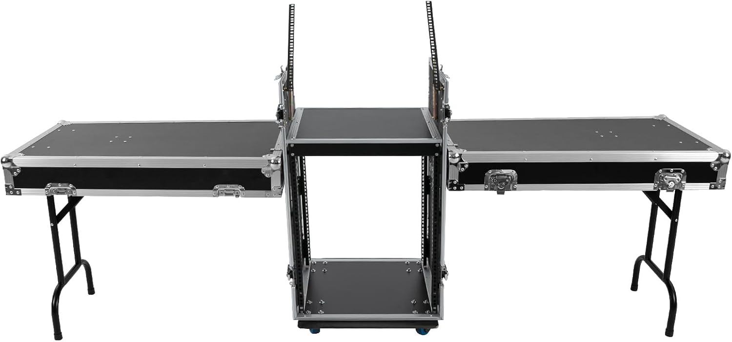 14U PA DJ Rack with 4 Wheels, Heavy-Duty Mobile Audio Equipment Cabinet with Side DJ Table Top, 661 lbs Capacity Studio Rack for Mixer, Amplifier, Speakers (14U /2 Side Tables)