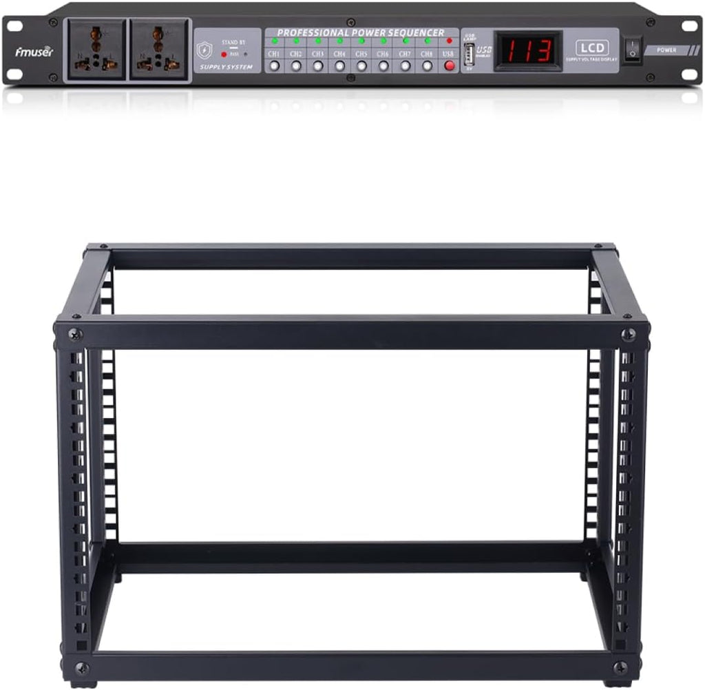 6U Open Frame Network Rack and 10-Outlet Power Sequencer Conditioner Bundle, Ideal for Audio, Networking, Studio, and Home Theater Equipment