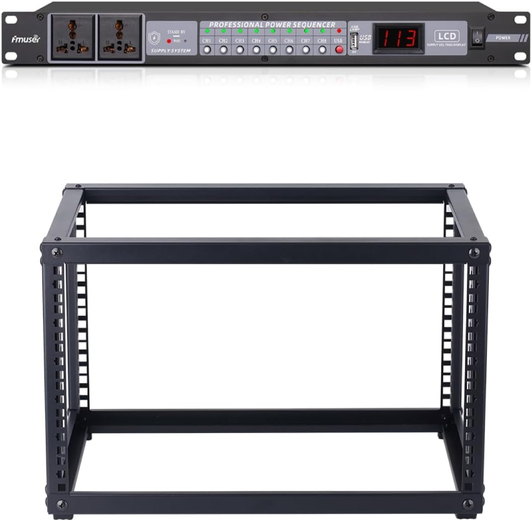 6U Open Frame Network Rack and 10-Outlet Power Sequencer Conditioner Bundle, Ideal for Audio, Networking, Studio, and Home Theater Equipment