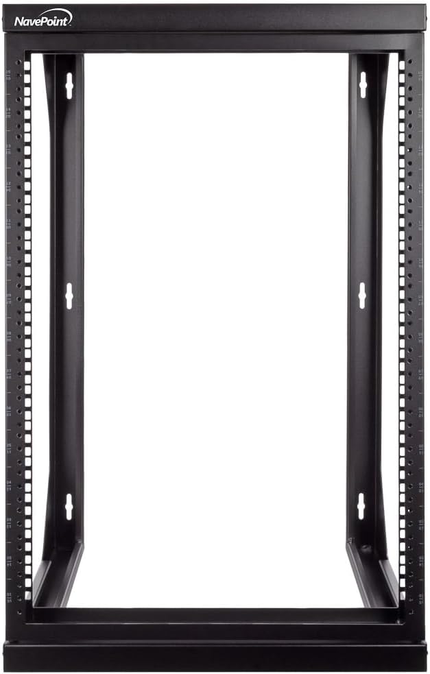 NavePoint 15U Open Frame Server Rack for 19' IT Network Equipment & A/V Devices, Free Standing or Wall Mount Rack with 180 Degrees Gate Swing, Black