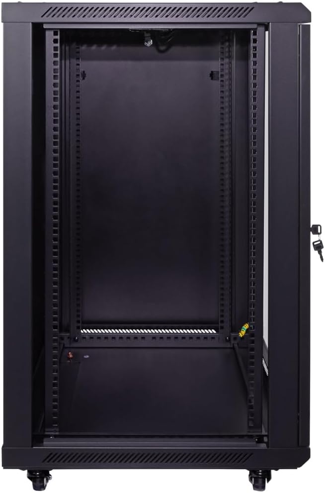 NavePoint 18U Server Cabinet Wall Mount Rack Enclosure with Caster Wheels, 2 Fans, Locking Glass Door, Removable Side Panels – 18U Network Cabinet 23.6' Deep, 19' Server Rack for IT Equipment