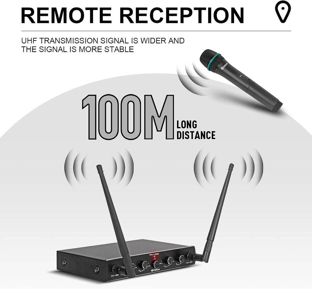 Debra Audio Pro UHF 4 Channel Wireless Microphone System with Cordless Handheld Lavalier Headset Mics, Metal Receiver, Ideal for Karaoke Church Party (with 2 Handheld & 2 Bodypack (B))