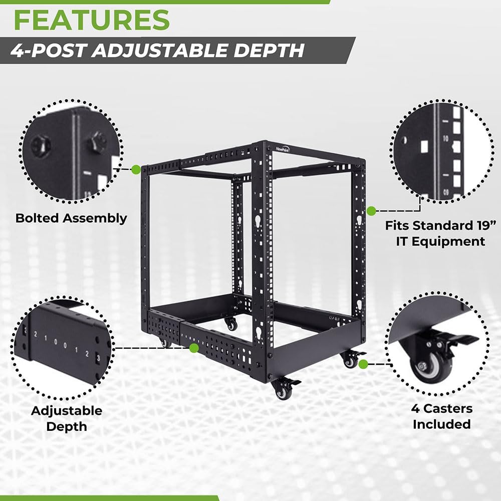 NavePoint 4-Post Open Frame Racks 19-inch Standard, Adjustable 22'-40', Square Holes/Cage Nuts - Parent