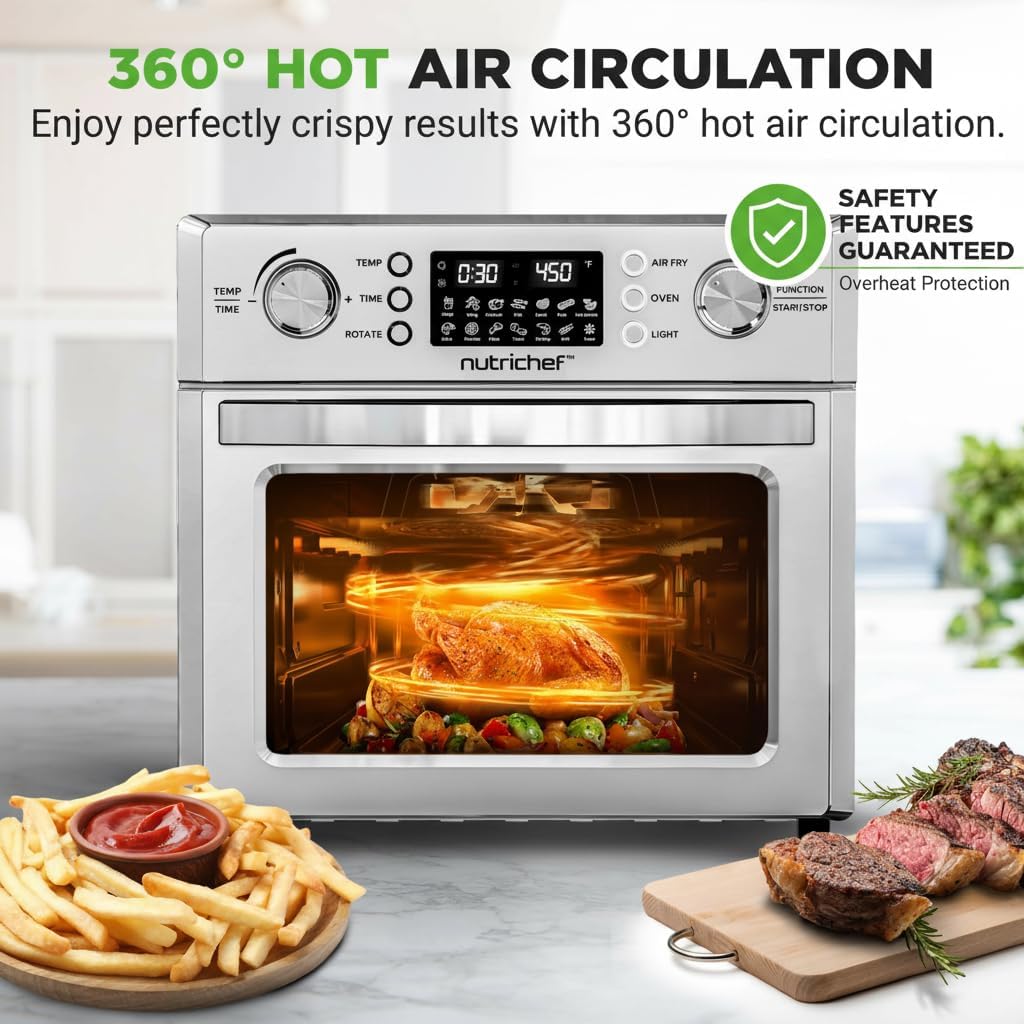 NutriChef 26QT Air Fryer Oven | Countertop Convection Toaster & Air Fryer | 360° Rotisserie Feature | 10 Digital Presets | Includes Drip Tray, Air Frying Basket & Bake Rack 15x16x14 | Stainless Steel