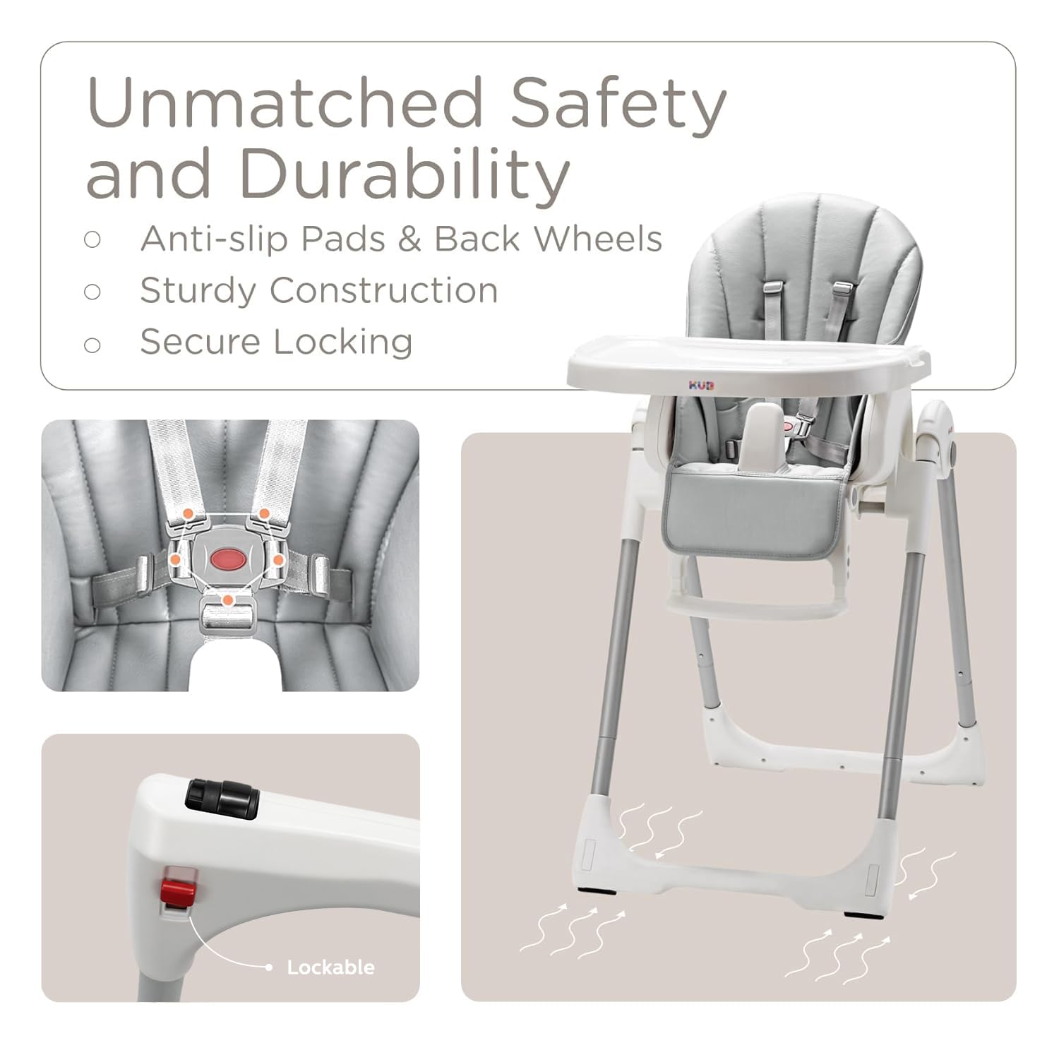 KÜB 3-in-1 Foldable Baby High Chair | Multifunctional Infant High Chairs for Babies and Toddlers | Removable Seat & Tray for Easy Clean | 7 Height & 4 Recline Adjustable | 2 Locking Wheels(Grey)