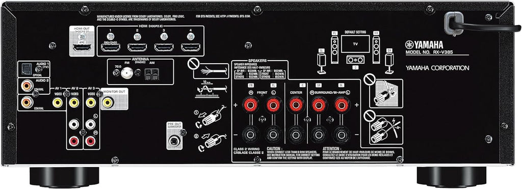 YAMAHA RX-V385 5.1-Channel 4K Ultra HD AV Receiver with NS-SW050BL 8' 100W Powered Subwoofer, Black and NS-C210BL Center Channel Speaker, Black