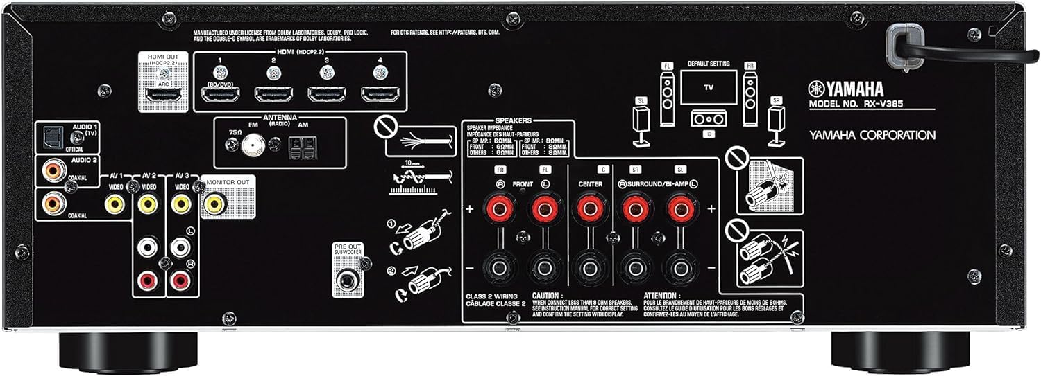 YAMAHA RX-V385 5.1-Channel 4K Ultra HD AV Receiver with NS-SW050BL 8' 100W Powered Subwoofer, Black and NS-C210BL Center Channel Speaker, Black
