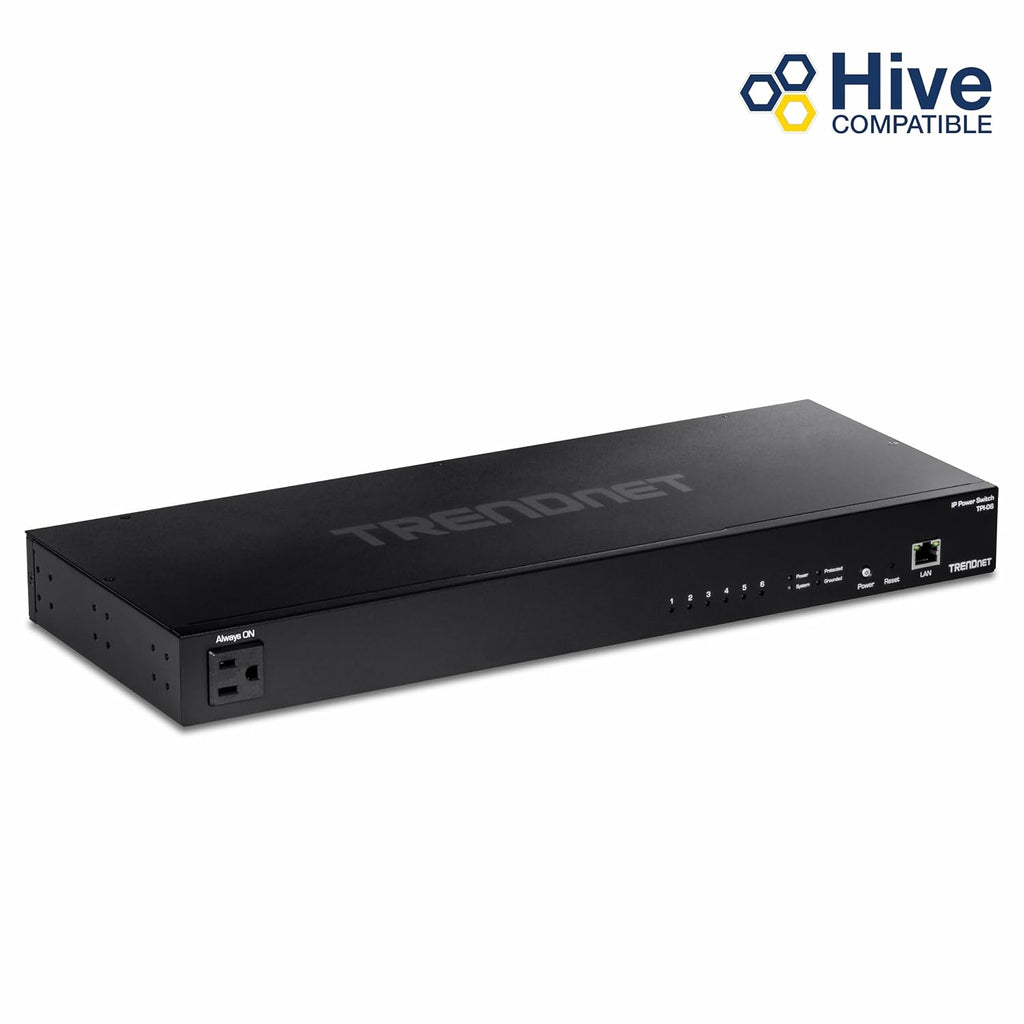 TRENDnet 6-Outlet Managed PDU, TPI-06, Rackmount Power Distribution Unit, UL Certified, 1 x NEMA 5-15R Bypass Power Outlet, 1 x Gigabit RJ-45 Port, Overload Protection, Surge Protection 2160J, Black