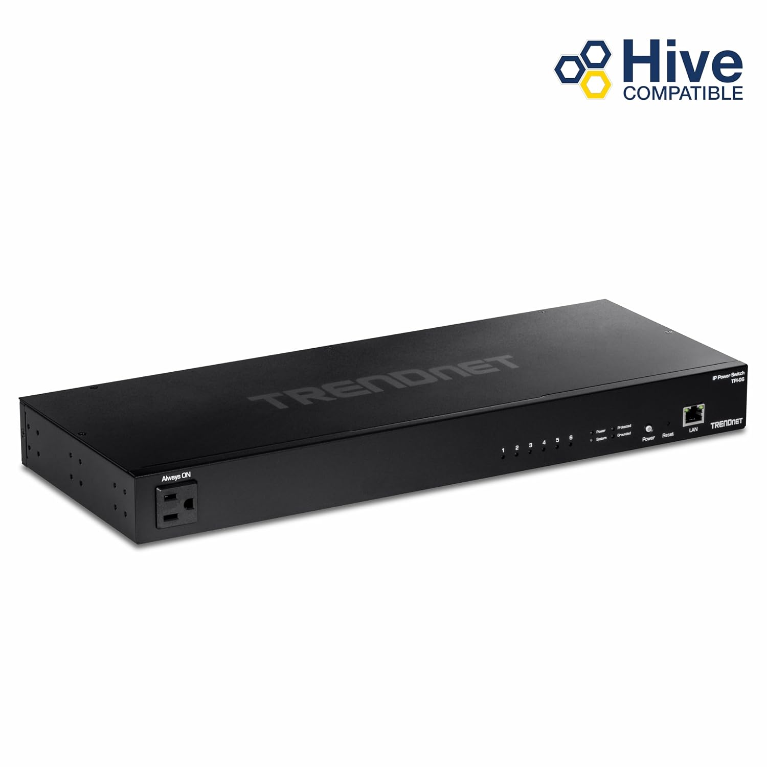 TRENDnet 6-Outlet Managed PDU, TPI-06, Rackmount Power Distribution Unit, UL Certified, 1 x NEMA 5-15R Bypass Power Outlet, 1 x Gigabit RJ-45 Port, Overload Protection, Surge Protection 2160J, Black