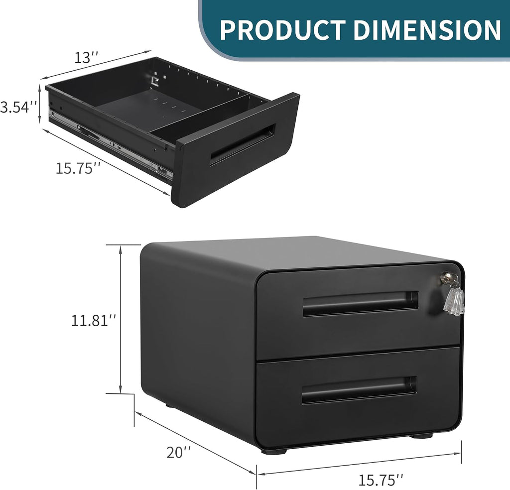 Under Desk Printer Stand with Storage – 2-Drawer Printer Table for Home & Office, Mobile Printer Cart with 2 Sets of Casters and Lockable Drawers, 4 Keys, Black
