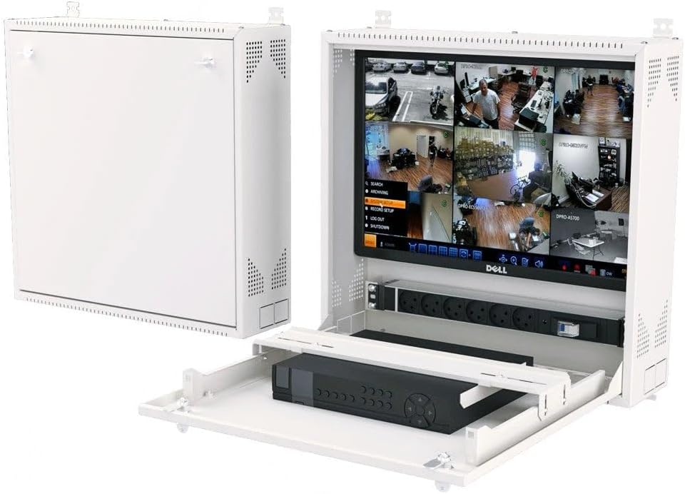 Wall-Mount DVR/NVR Security Enclosure, Lockable Steel Cabinet with 1U Adjustable Rail, Ventilated, 22″ W x 21.2″ H x 5.9″ D, White (RAL 7035) – STURDX