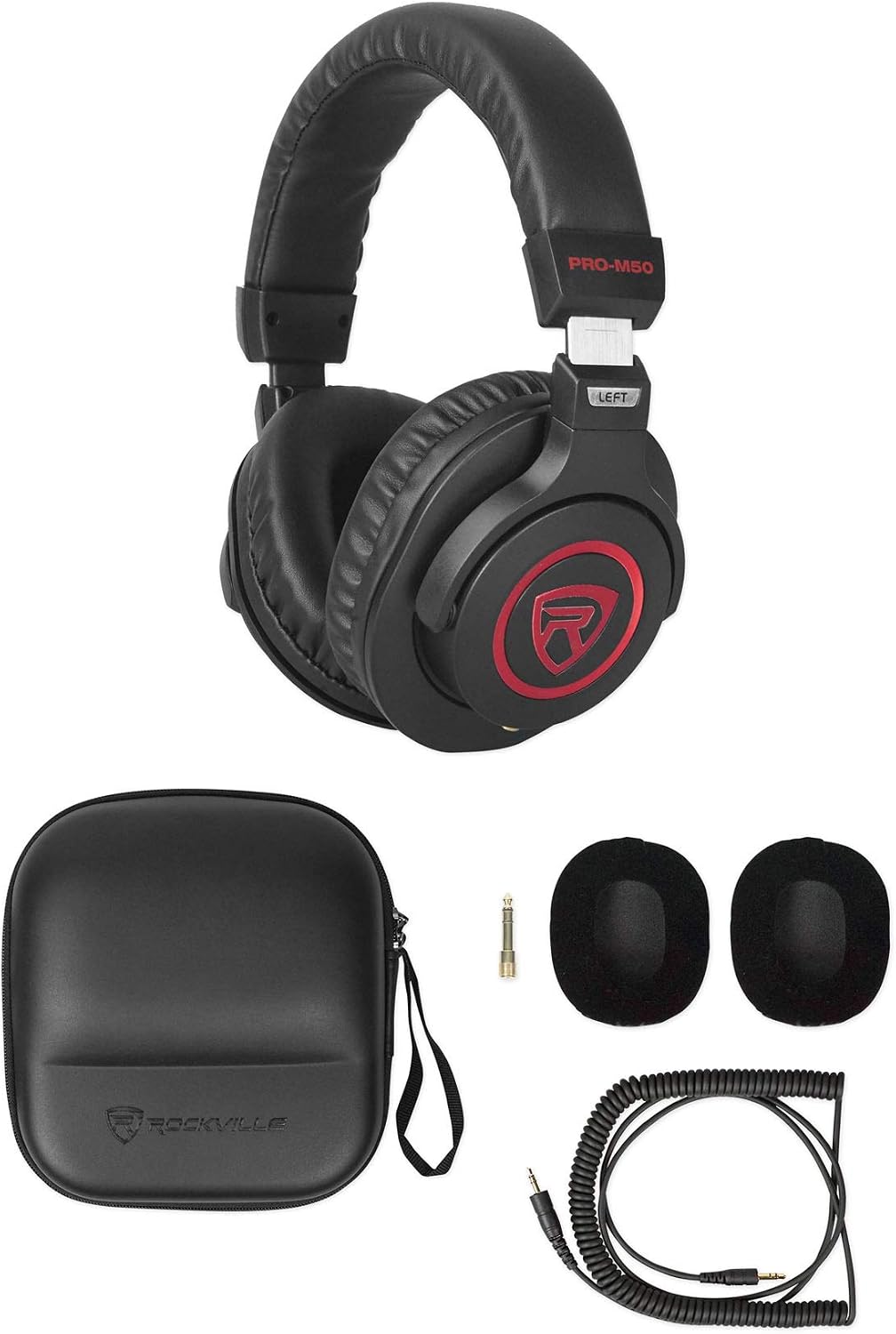 Rockville 3-Person Podcast Recording Package LINE8 USB 8-Channel Mixer and USB Audio Interface with (3) PRO-M50 Headphones, (3) RMIC-SR Mics, Stands, RHPA4 Amp, Cables (12 Items)