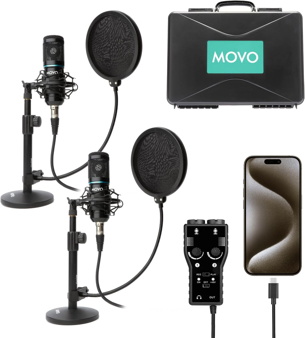 Movo iPhone 15/16 USB-C Podcast Equipment Bundle - 2 Pack Condenser Microphones, 2 Desktop Mic Stands, 2 Pop Filters, 2-Channel XLR Interface - Compatible with iPhone 15/16/17, iPad-Pro