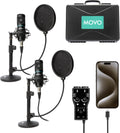 Movo iPhone 15/16 USB-C Podcast Equipment Bundle - 2 Pack Condenser Microphones, 2 Desktop Mic Stands, 2 Pop Filters, 2-Channel XLR Interface - Compatible with iPhone 15/16/17, iPad-Pro