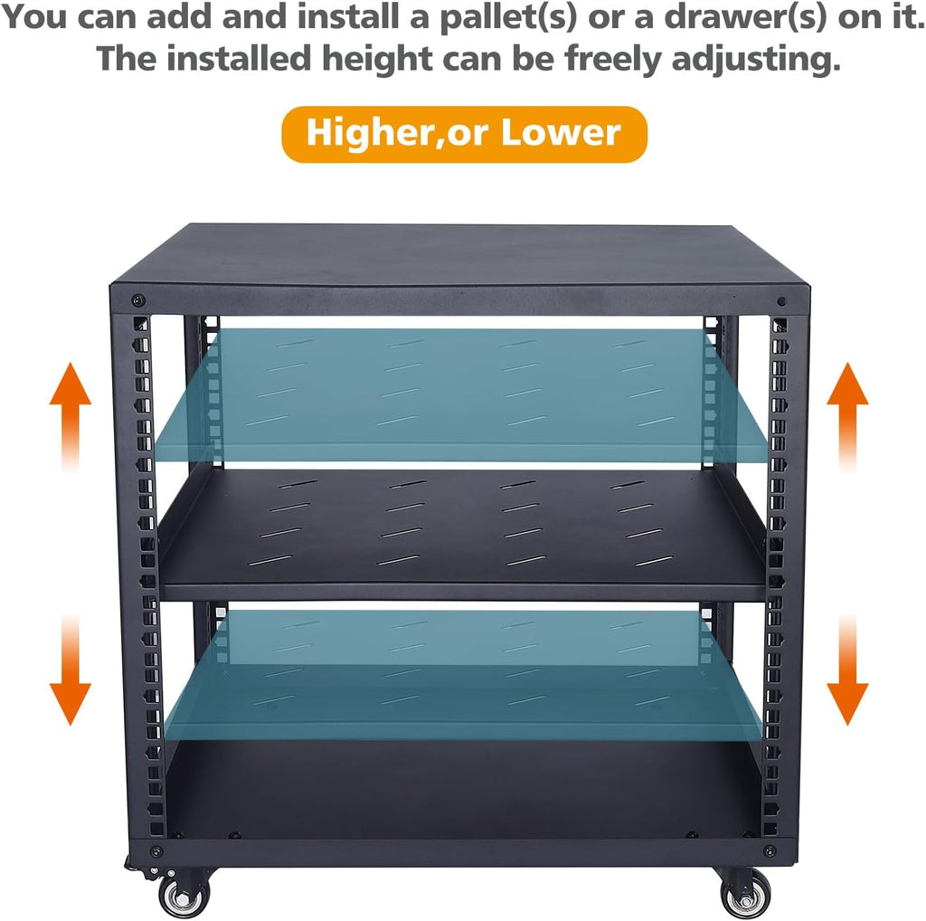 SC02 9U 19' Open Frame Network Server AV Gear Equipment Rack Mobile Storage Cabinet with Casters & a Shelf - for HsSome Audio & Video DJ Recording Studio Sound Equipment