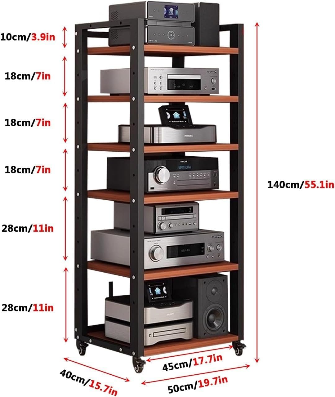6 Tier Audio Rack Tower, Corner TV Console and AV Media Components Cabinet, Heavy Duty Stereo Racks and Stands with Adjustable Wooden Shelf for Home/Office/Theater(B)