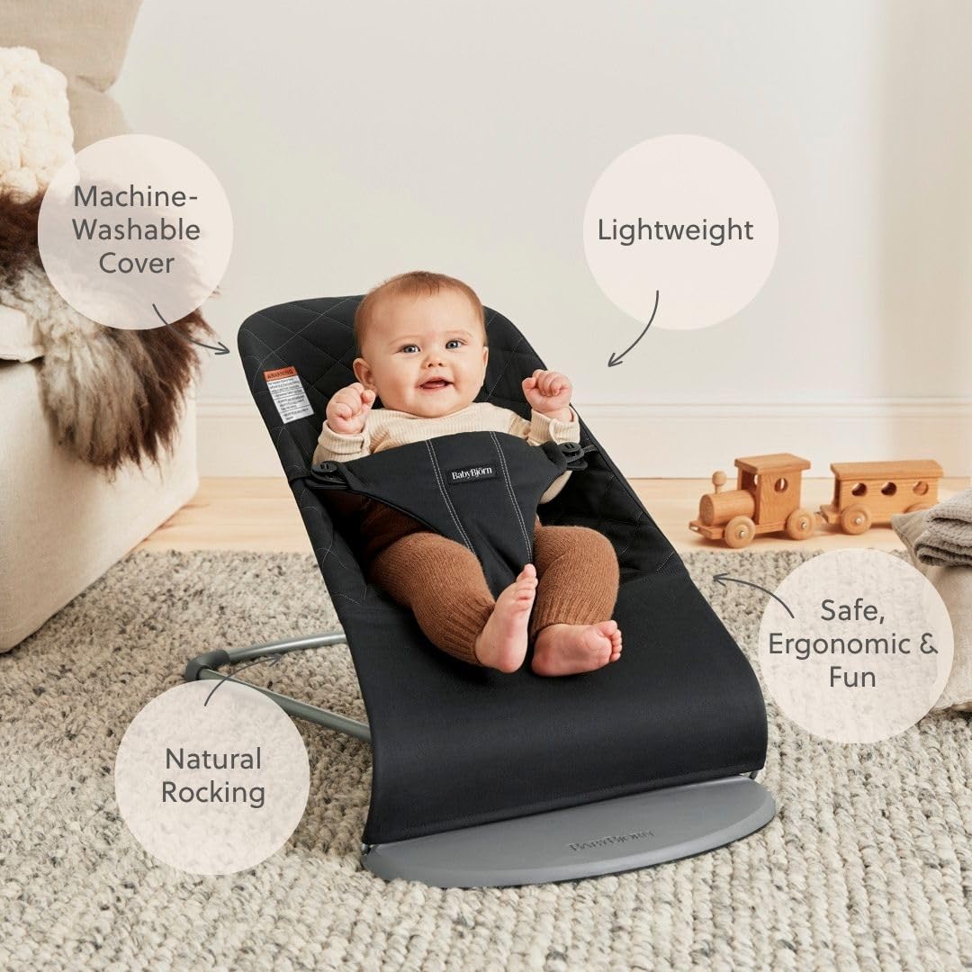 BabyBjörn Bouncer Bliss, Black, Woven, Classic Quilt | 2-in-1 Adjustable Baby Bouncer Seat and Toddler Chair, Newborn to Toddler (8-29 lbs), 4 Positions, Lightweight & Portable