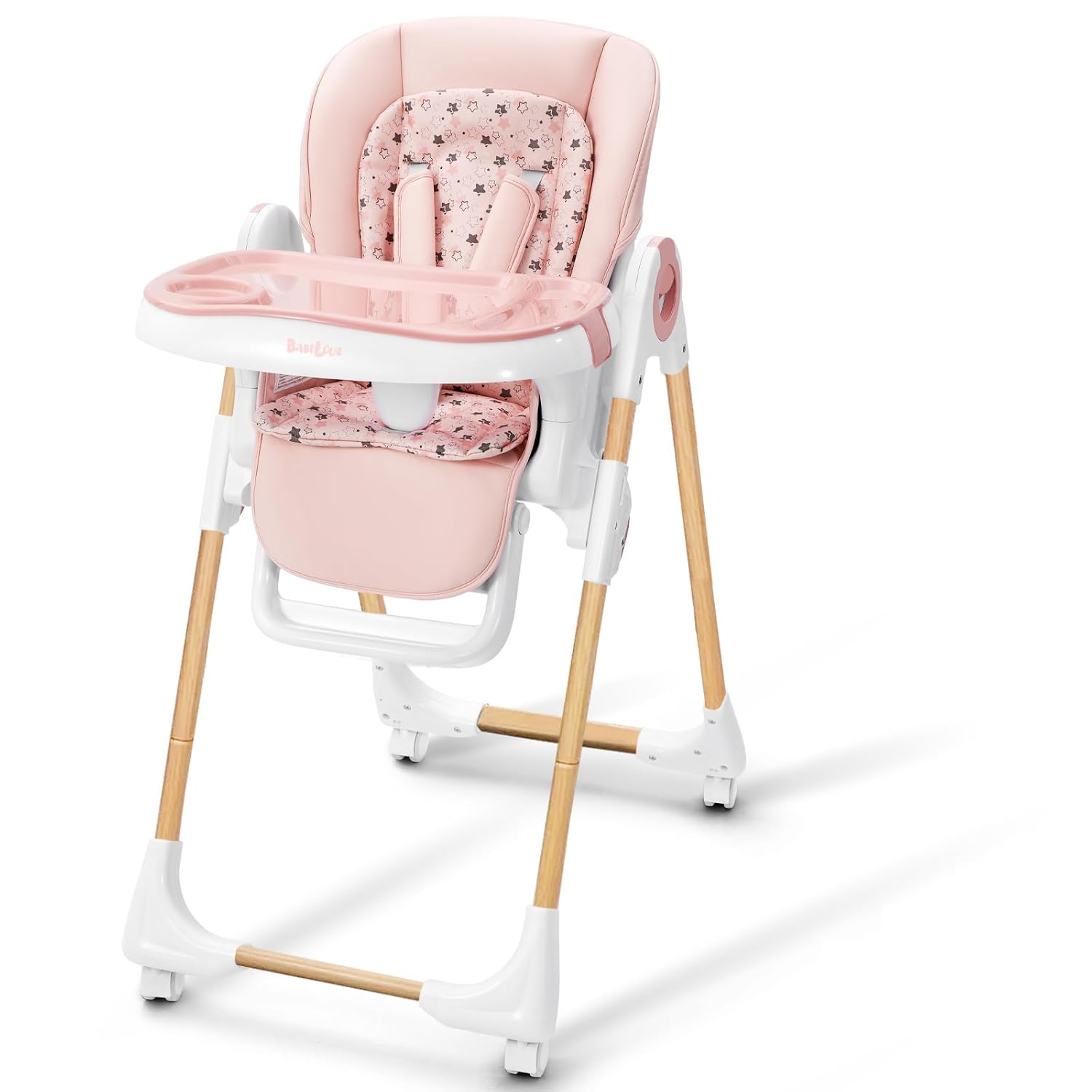 Babilous Foldable High Chair with Soft Cushion, High Chairs for Babies and Toddlers, Height Adjustable Feeding Chair, Adjustable Backrest and Footrest, Lockable Wheels, Woodgrain Star Pink