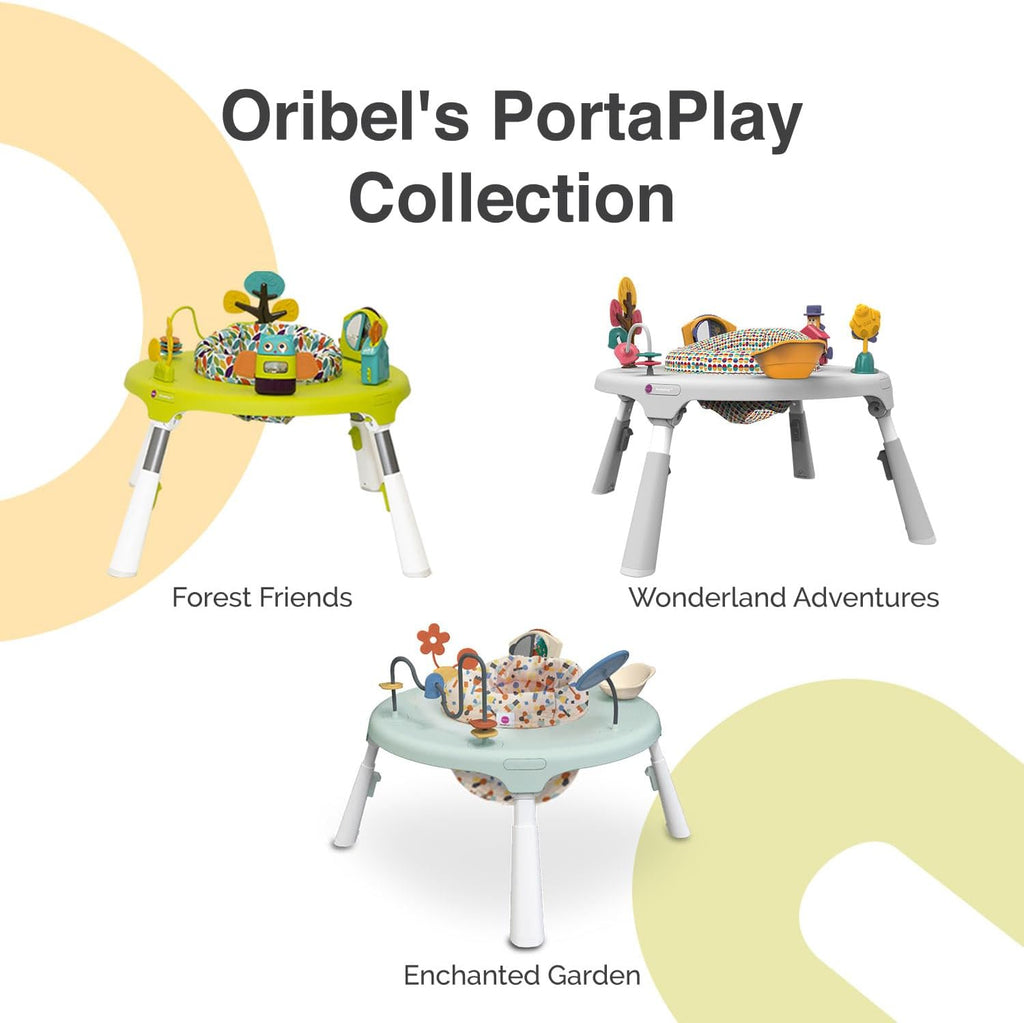 ORIBEL PortaPlay Convertible 3-in-1 Baby Activity Center & Play Table | Patented Bouncy Seat | Stable Foot Support | 5 Months+ | Development Focused Toys (Wonderland Adventure, Grey)