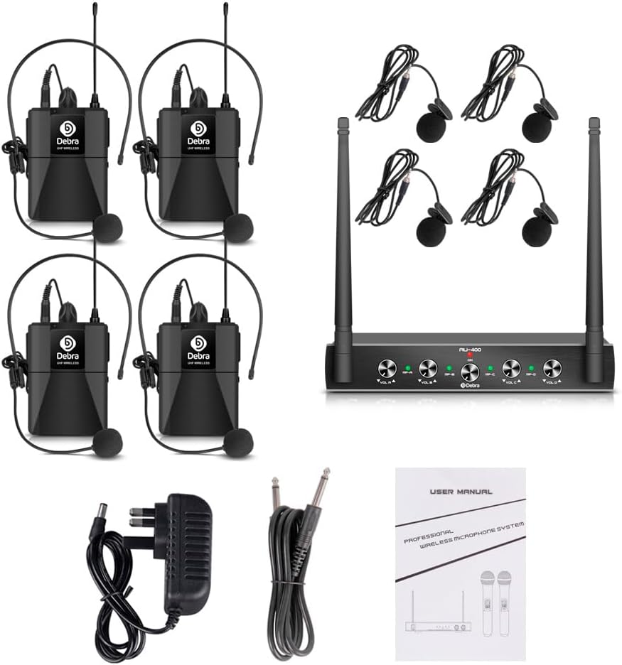 D Debra Audio AU400 Pro UHF 4 Channel Wireless Microphone System with Cordless Handheld Lavalier Headset Mics, Metal Receiver, Ideal for Karaoke Church Party (with 4 Bodypack (B))