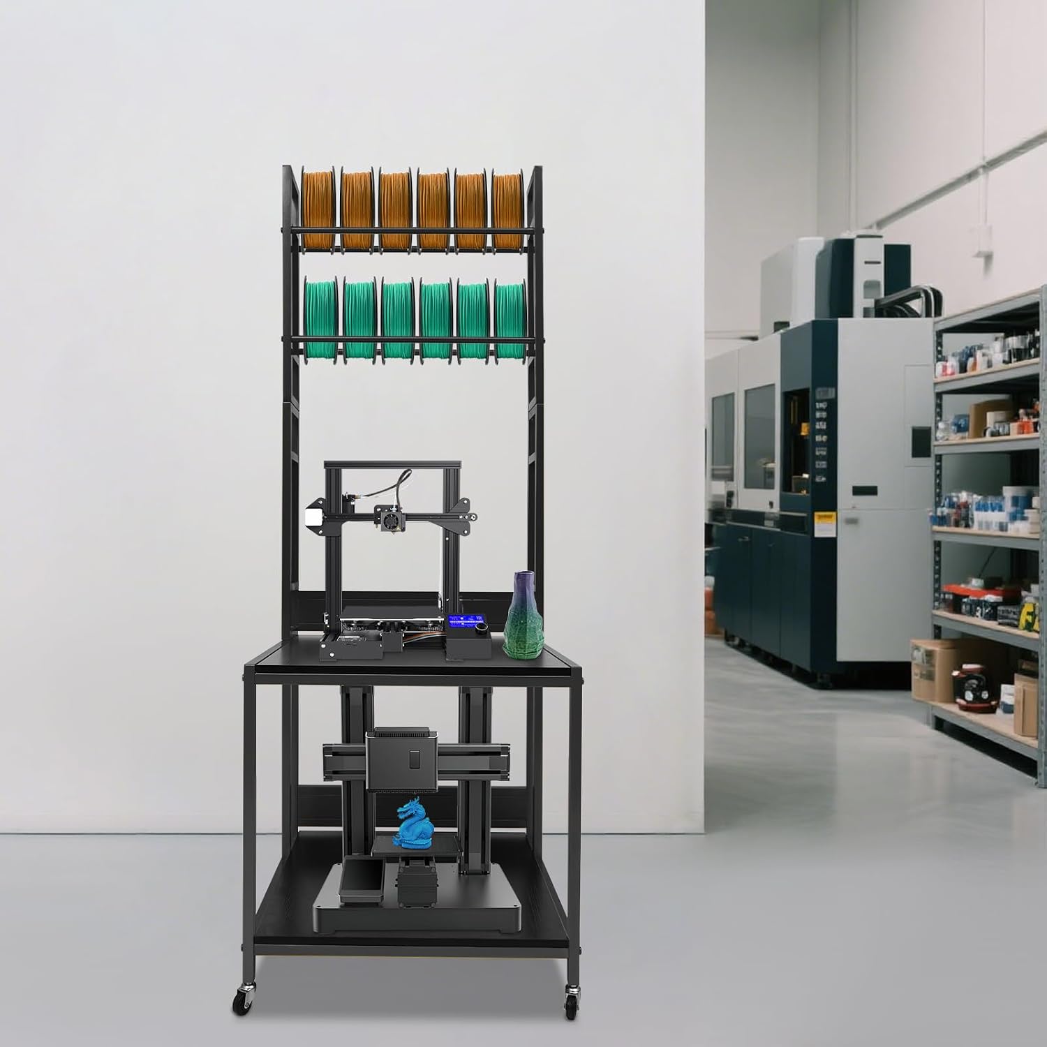 3D Printer Stand with Filament Storage, 3D Printer Filament Storage Rack, Rolling Printers Cart, Heavy Duty Mobile Printer Table with Wheels for Workshop Studio Office - Black