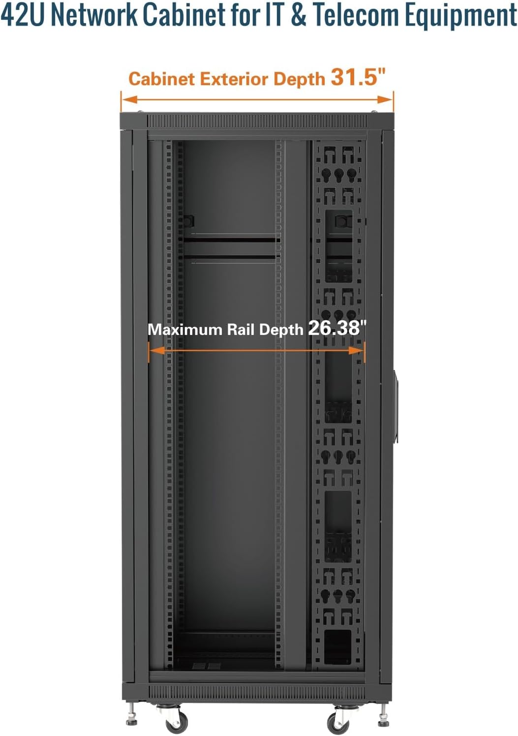 Tecmojo 42U Server Rack Network Cabinet 31.5' D x 23.6' W, Locking Data Cabinet Enclosure for 19' Server, Networking, AV & IT Equipment, Clear Door, Black