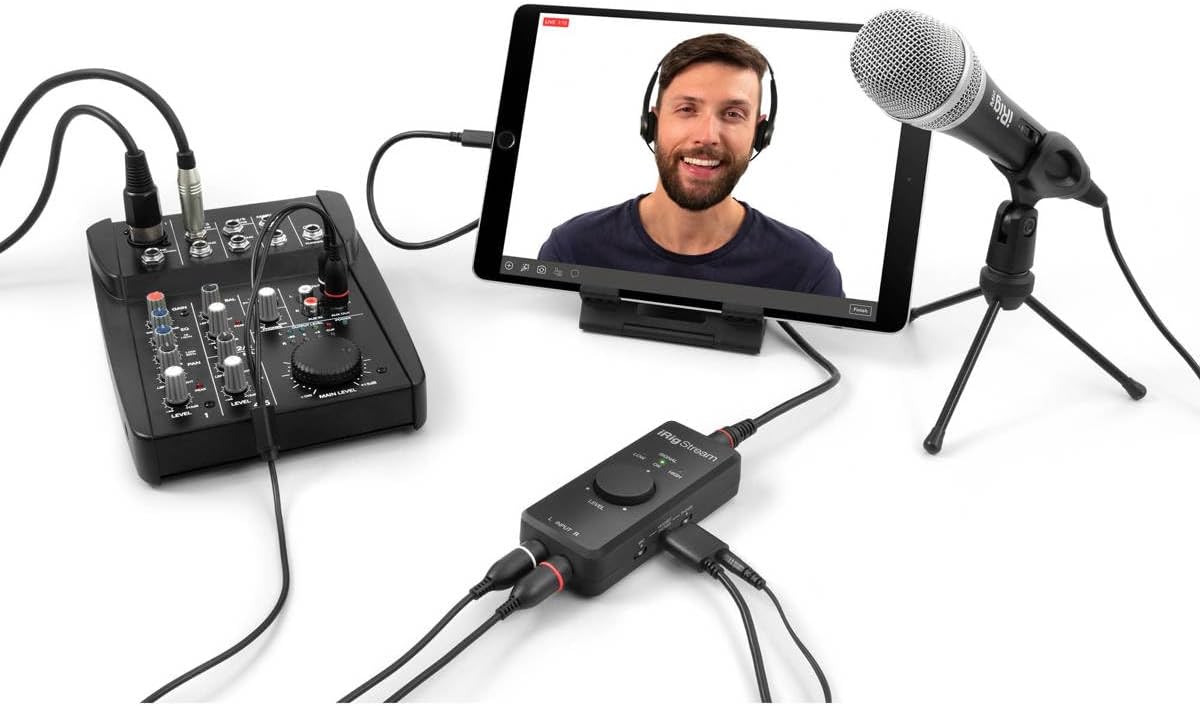 IK Multimedia iRig Stream stereo audio interface for iPhone, iPad, Mac, iOS and PC with USB-C, Lightning and USB for 24-bit, 48 kHz recording from mixers and studio gear