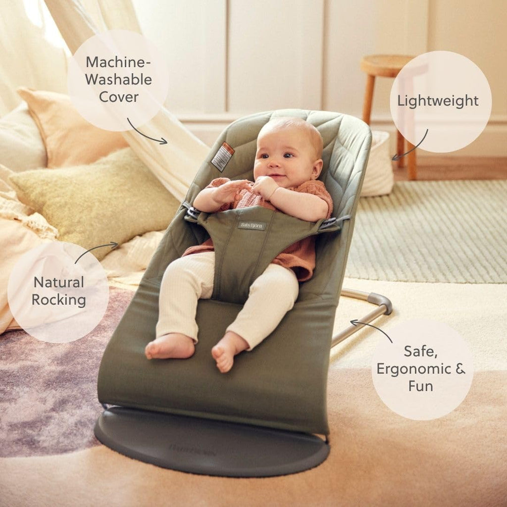 BabyBjörn Bouncer Bliss, Dark Green, Woven, Petal Quilt | 2-in-1 Adjustable Baby Bouncer Seat and Toddler Chair, Newborn to Toddler (8-29 lbs), 4 Positions, Lightweight & Portable