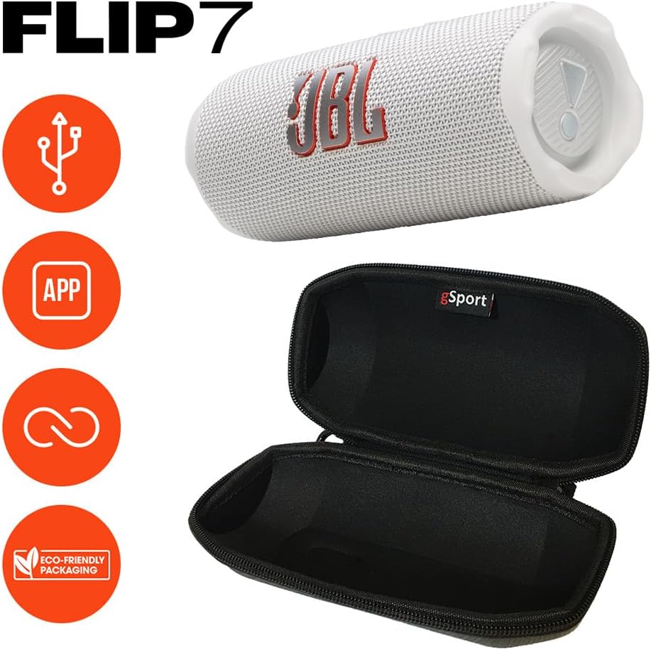 JBL FLIP 7 Waterproof Portable Speaker Bundle with gSport Carbon Fiber Case (White)