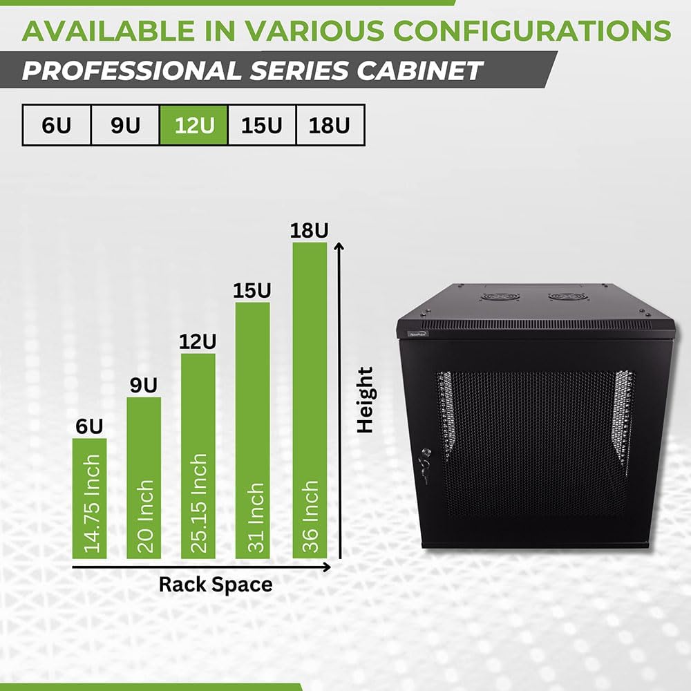 NavePoint 12U Server Rack - 23.6' Deep, Wall Mount Network Cabinet with Locking Perforated Door, 19' IT Equipment Compatible, Removable Side Panels, Black