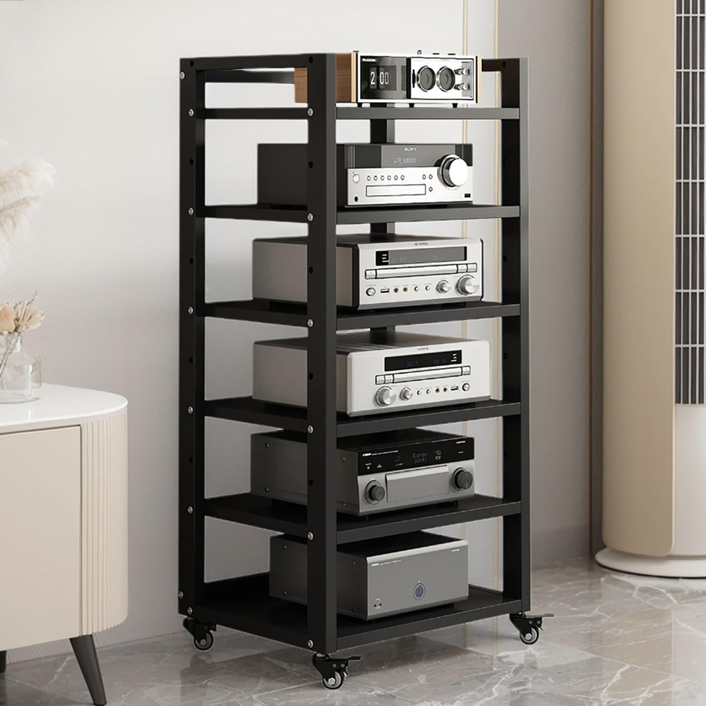 6 Tier AV Media Stand, Movable Record Player DVD CD Audio Rack Tower Holder, Adjustable Entertainment Video Game Equipment Console Shelf for Home/Office/Theater (Black)