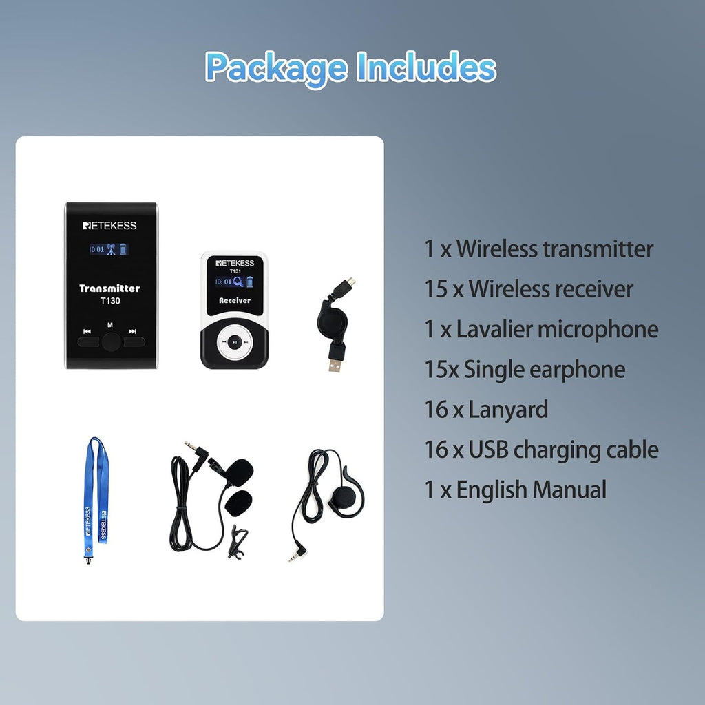 Retekess T130 Wireless Tour Guide System, Church Translation System, Easy to Set Up, Clear Sound Quality, Tour Guide Headsets for Plant Tour, School (1 Transmitter 15 Receivers)