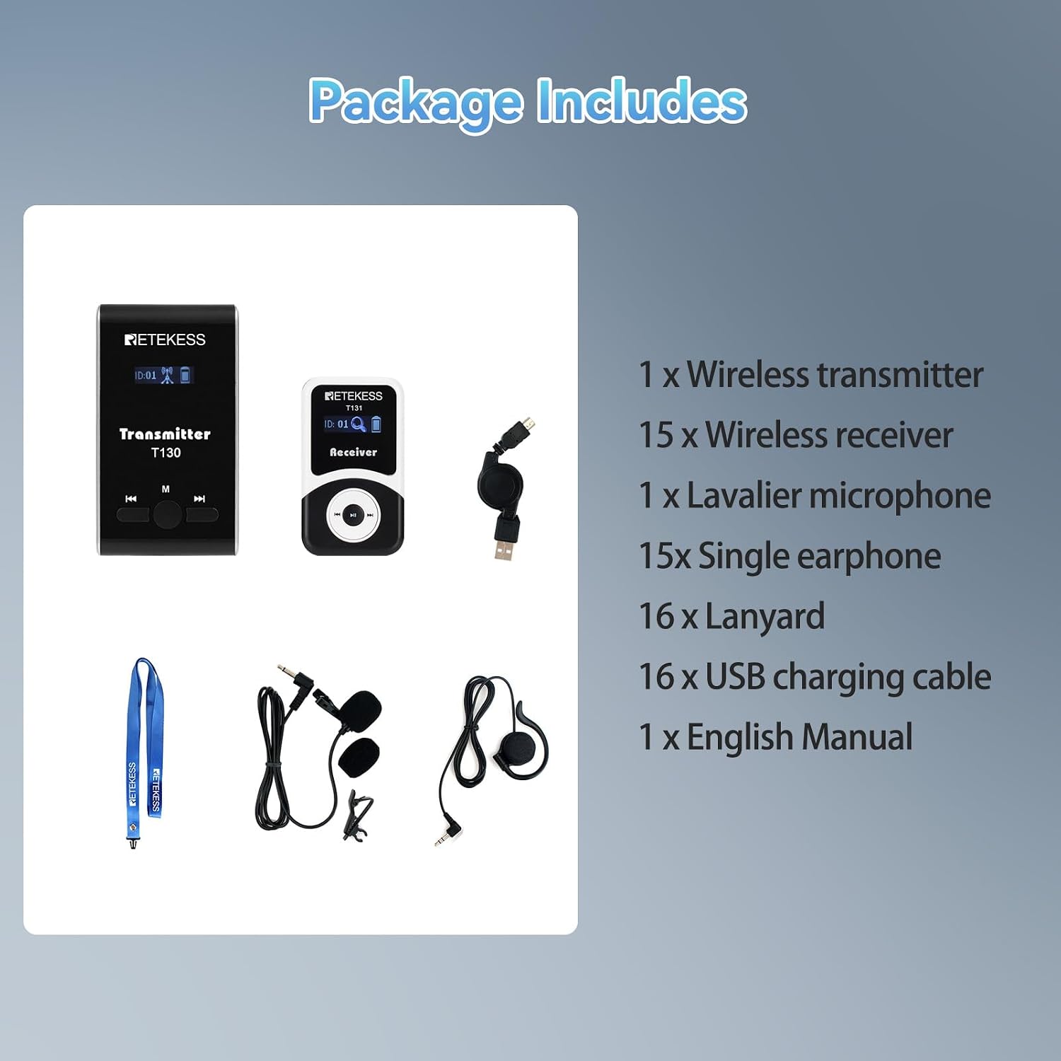 Retekess T130 Wireless Tour Guide System, Church Translation System, Easy to Set Up, Clear Sound Quality, Tour Guide Headsets for Plant Tour, School (1 Transmitter 15 Receivers)