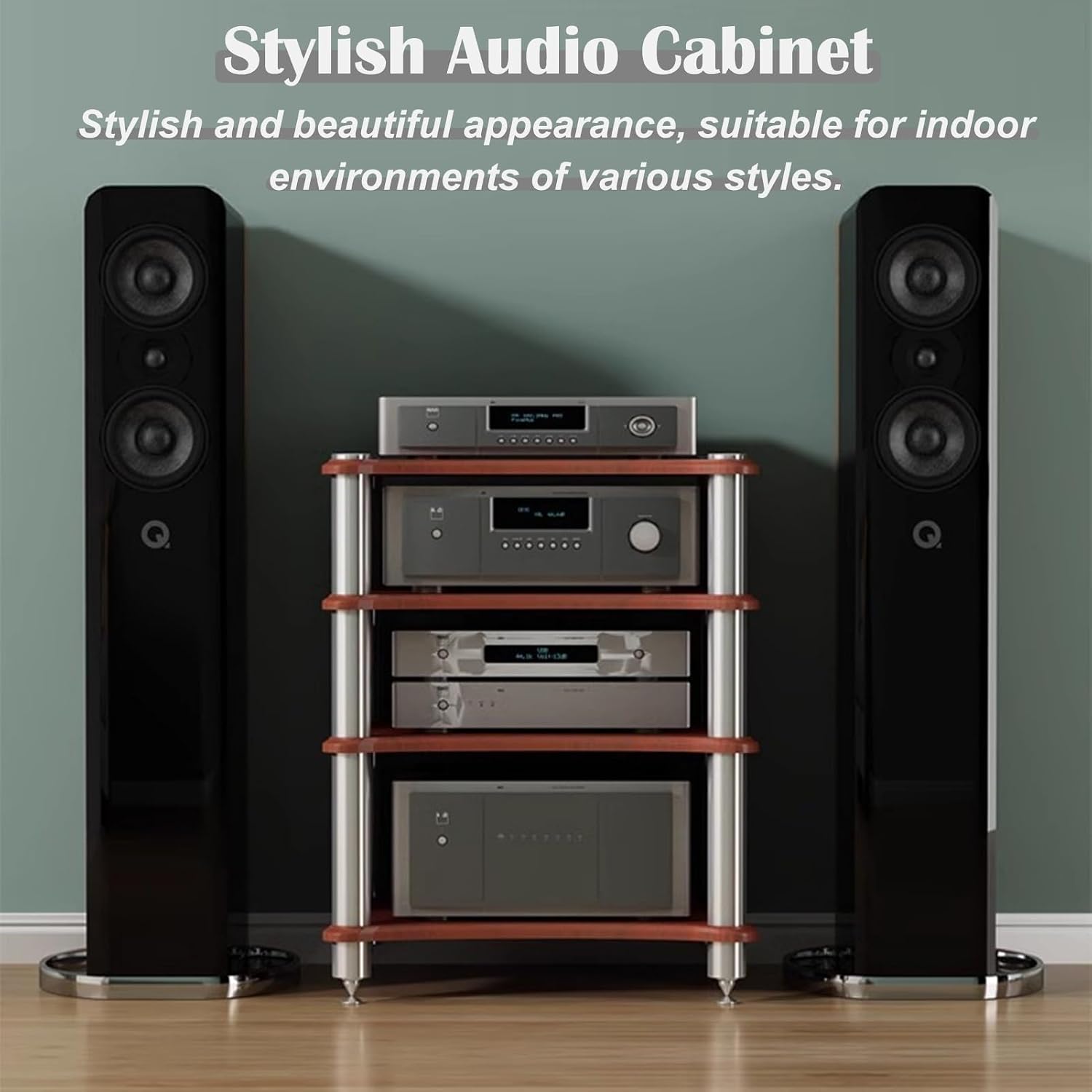 Wood Audio Cabinet Rack, Stereo Record Player AV Media Stand Furniture, Home Audio-Video Equipment Storage Shelving, Rounded Corner Design(Walnut - 4 Tier)