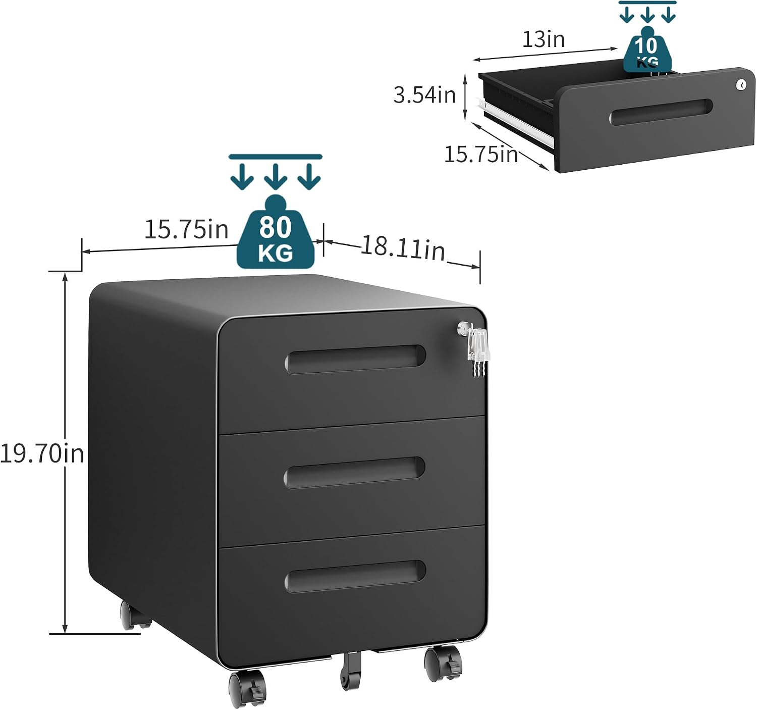 3 Drawer Under Desk Printer Stand with Lock, Mobile Rolling Printer Table for Home Office, Fully Pre-Assembled (Wheels Only to Attach), 4 Keys Included, Black