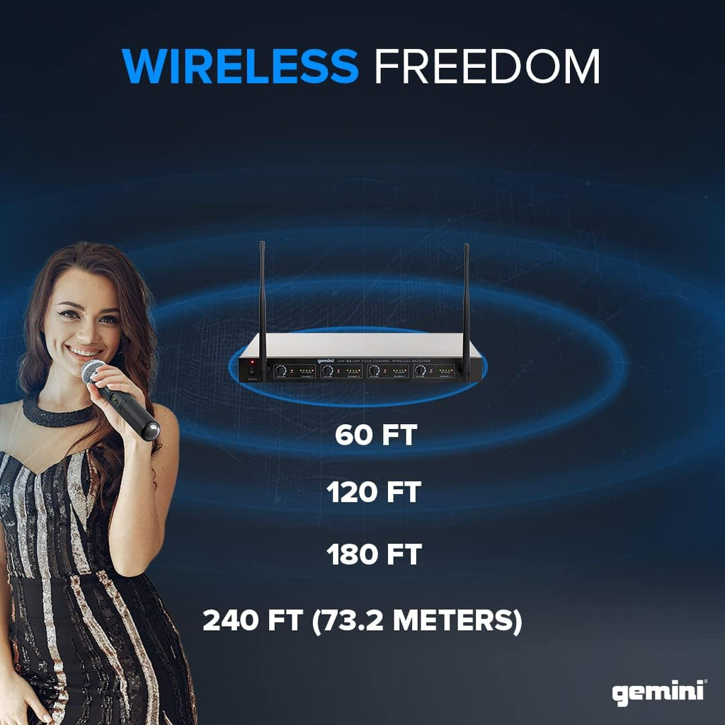 Gemini Sound UHF-04M Wireless Cordless Professional Set of 4 Handheld Microphones and Receiver for DJ, Karaoke, Stage Performance or PA System Four Pack