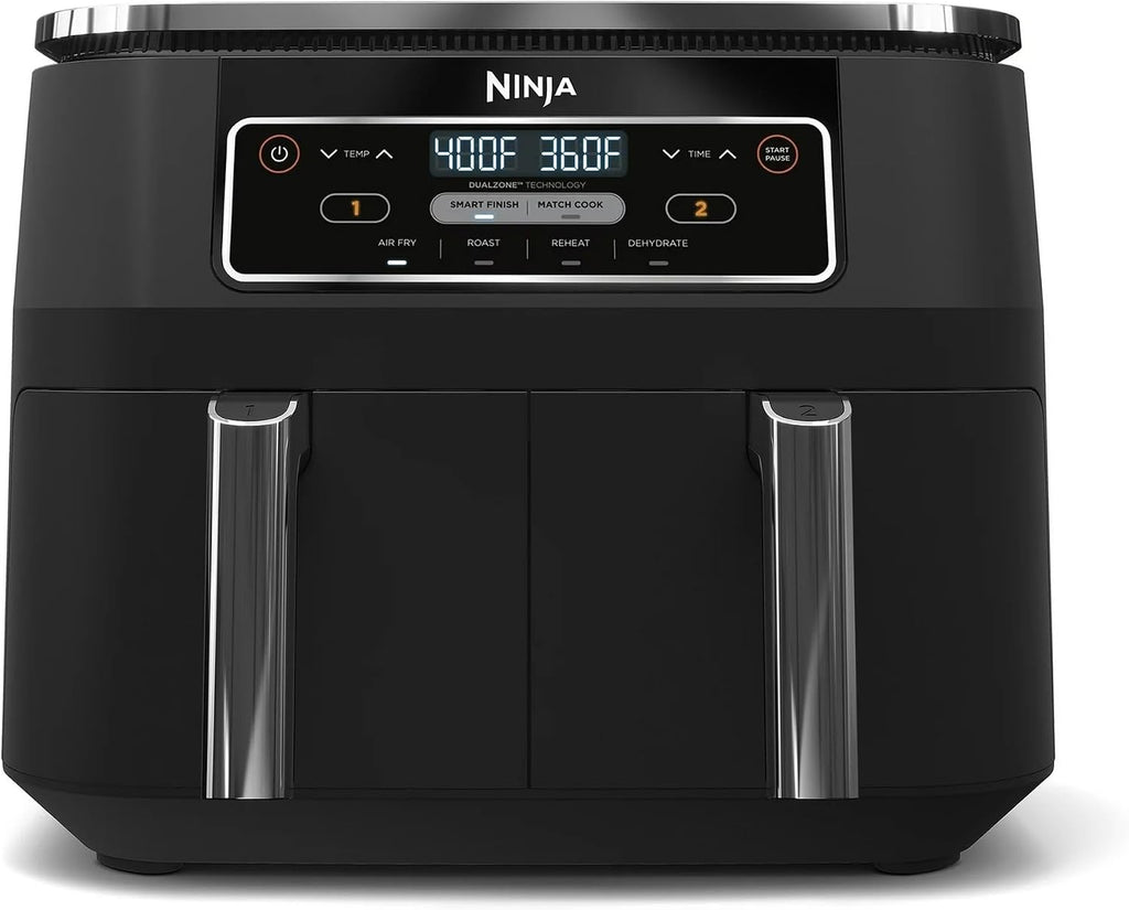 Ninja Foodi 4-in-1 8-qt. 2-Basket Air Fryer with DualZone Technology, 4 Functions, Smart Finish, Roast, Air Fry, Reheats, & Dehydrates, Black, DZ100 (Renewed)