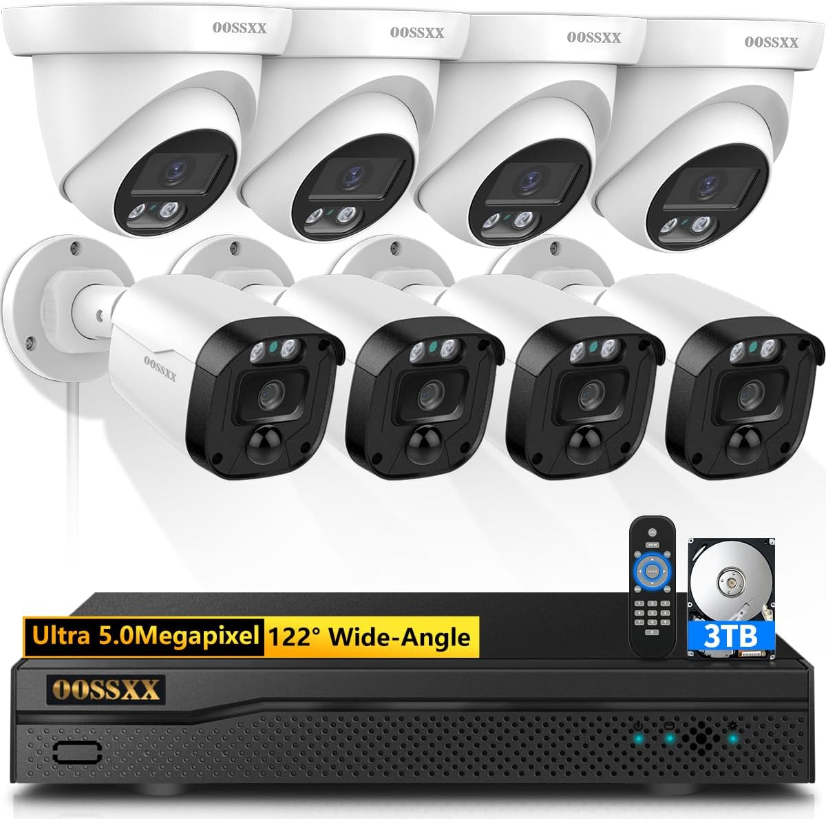 OOSSXX (2026 New) 5MP Wired Security Camera System, 8CH DVR with 3TB HDD, 8 CCTV Cameras (4 Bullet + 4 Dome), 122° Wide Angle, Free App No Monthly Fee, IP67 Outdoor Home Surveillance Kit